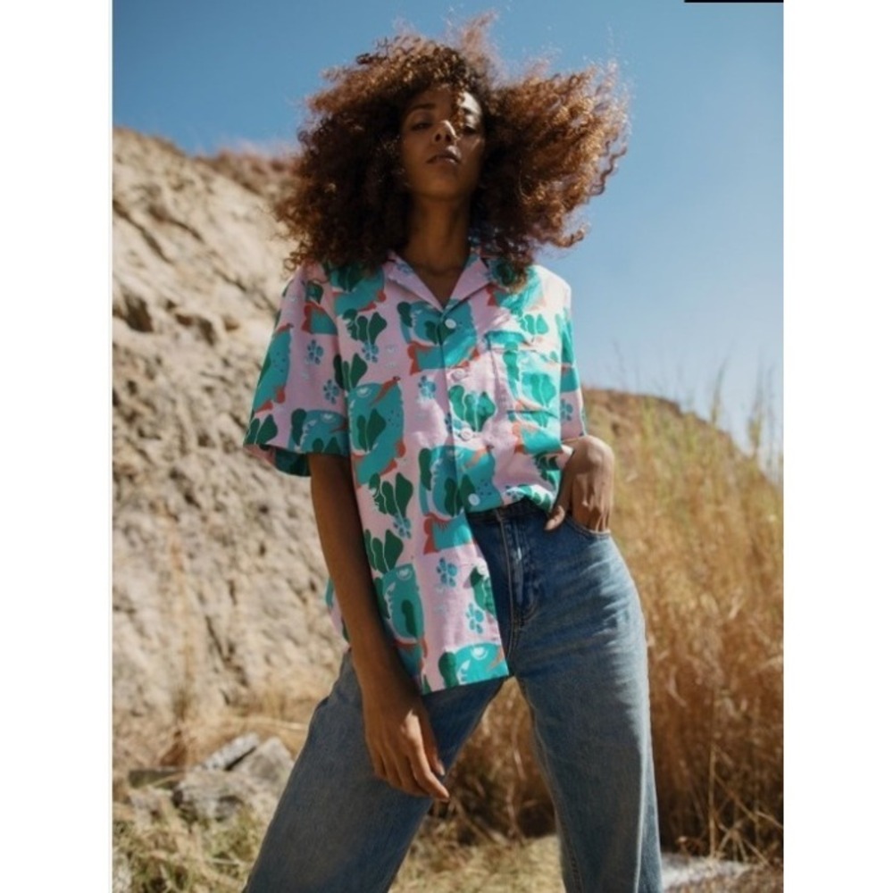 Tombolo X Amber Vittoria Shirt Size M Abstract Print Short Sleeve Camp Art Retro
